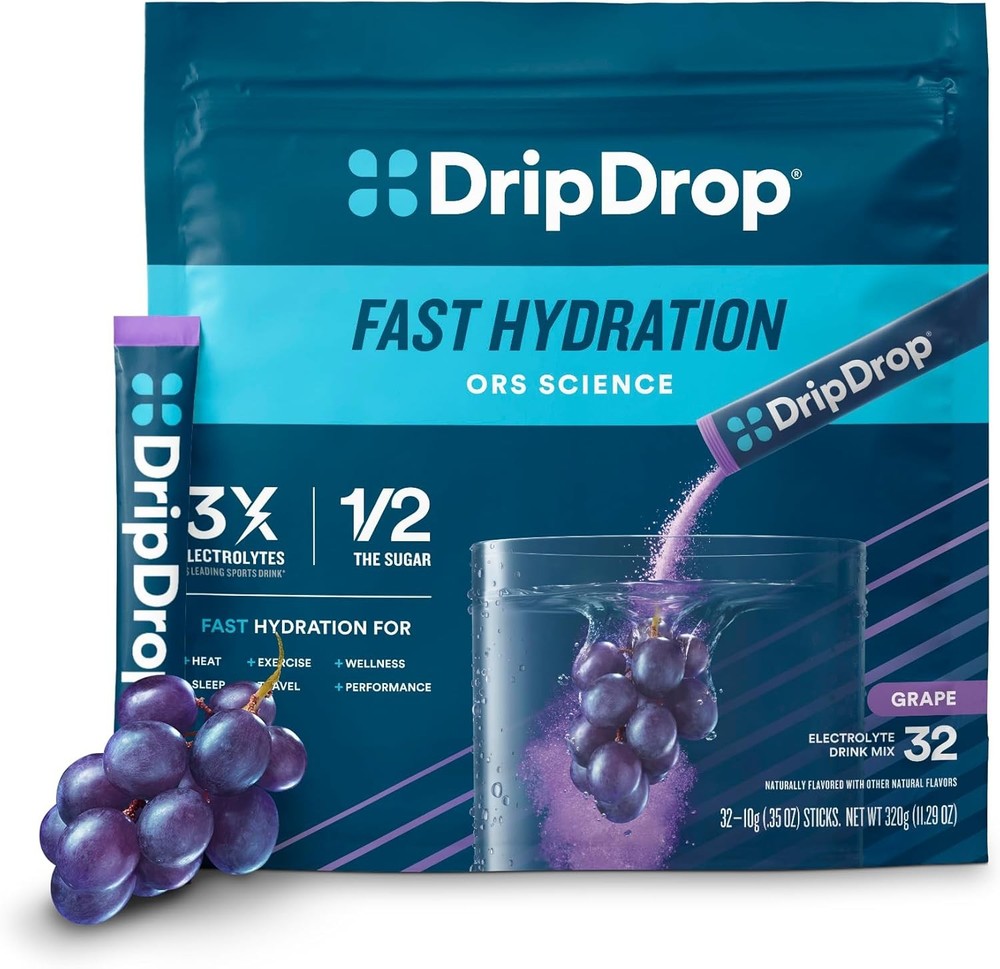 DripDrop Hydration Packets - Grape - Single Serve Electrolytes 32 Count