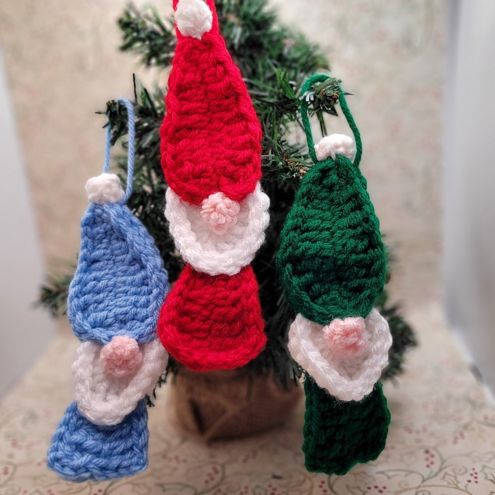 Gnome Christmas Ornaments Set of 3 - Red, Green, Blue - Handmade Crochet