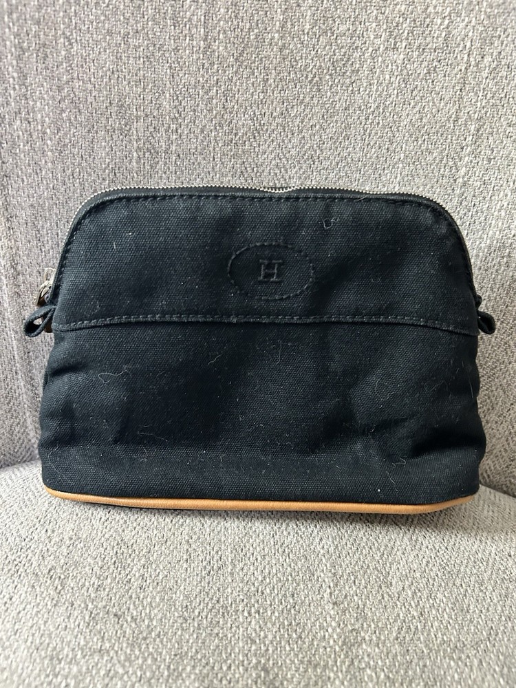 HERMÈS Makeup Bag Black Canvas Leather Trim Brown Zipper Closure