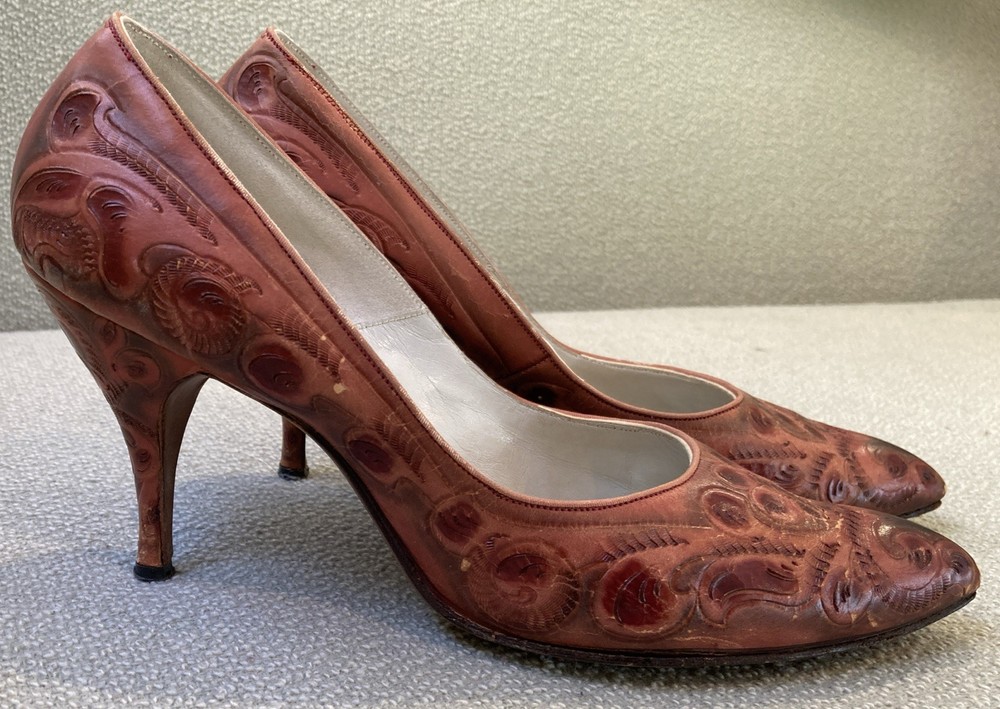 Vintage 1950s 60s Western Hand-Tooled Leather High Heels Size 8AA