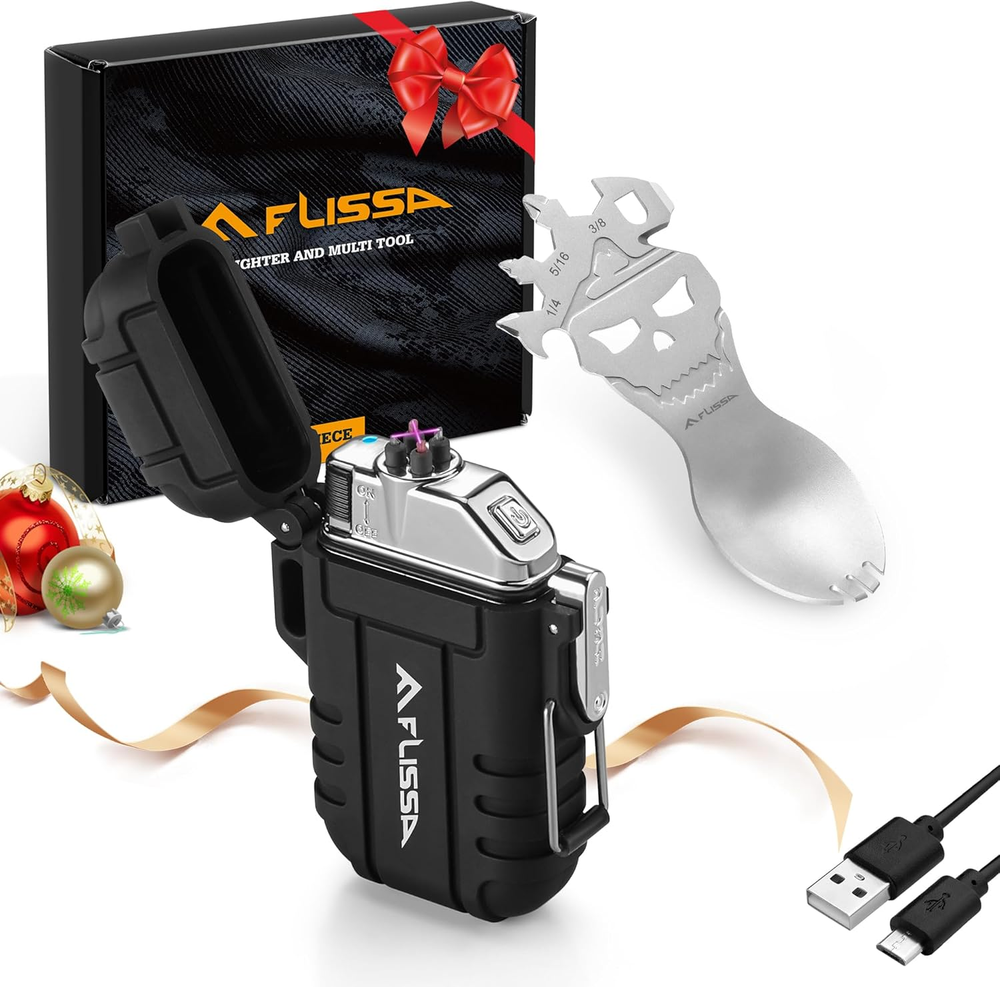 Outdoor Windproof Lighter Dual Arc Electric Lighters with Multifunction Spoon, W