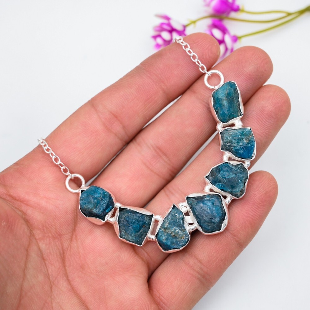 Neon Blue Apatite Jewelry Gemstone Handmade 925 Sterling Silver Necklace Gift