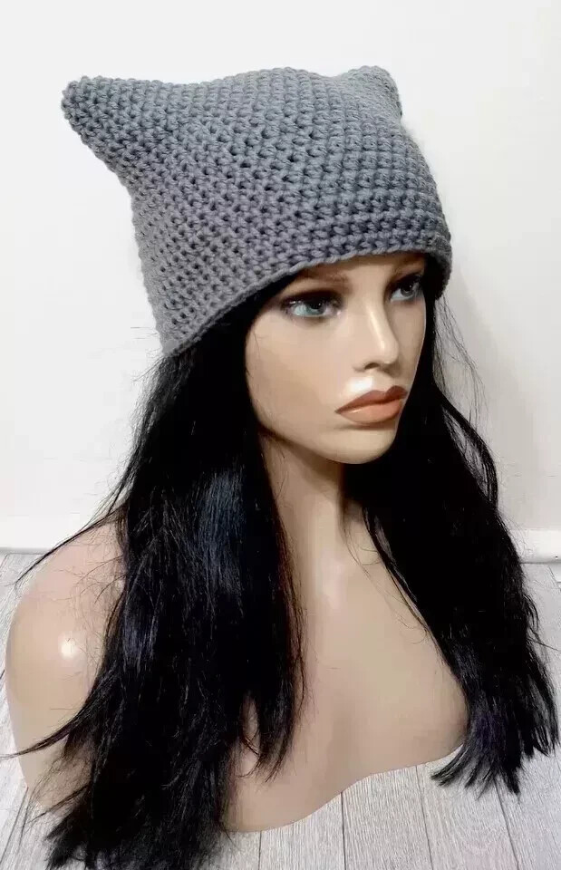 crochet womans handmade hat kitty cat ears beanie  main gray USA made