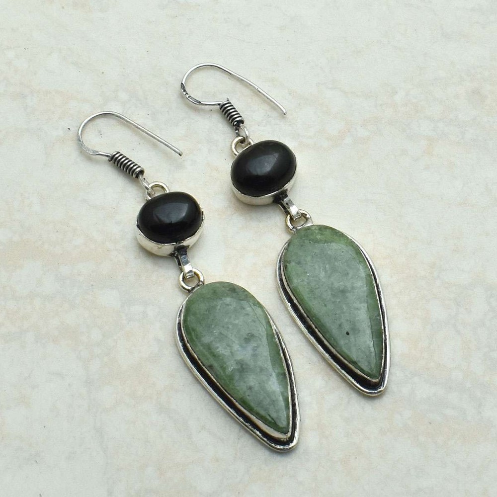 Green Aventurine Black Onyx Gemstone Drop Dangle Earrings Jewelry 2.4
