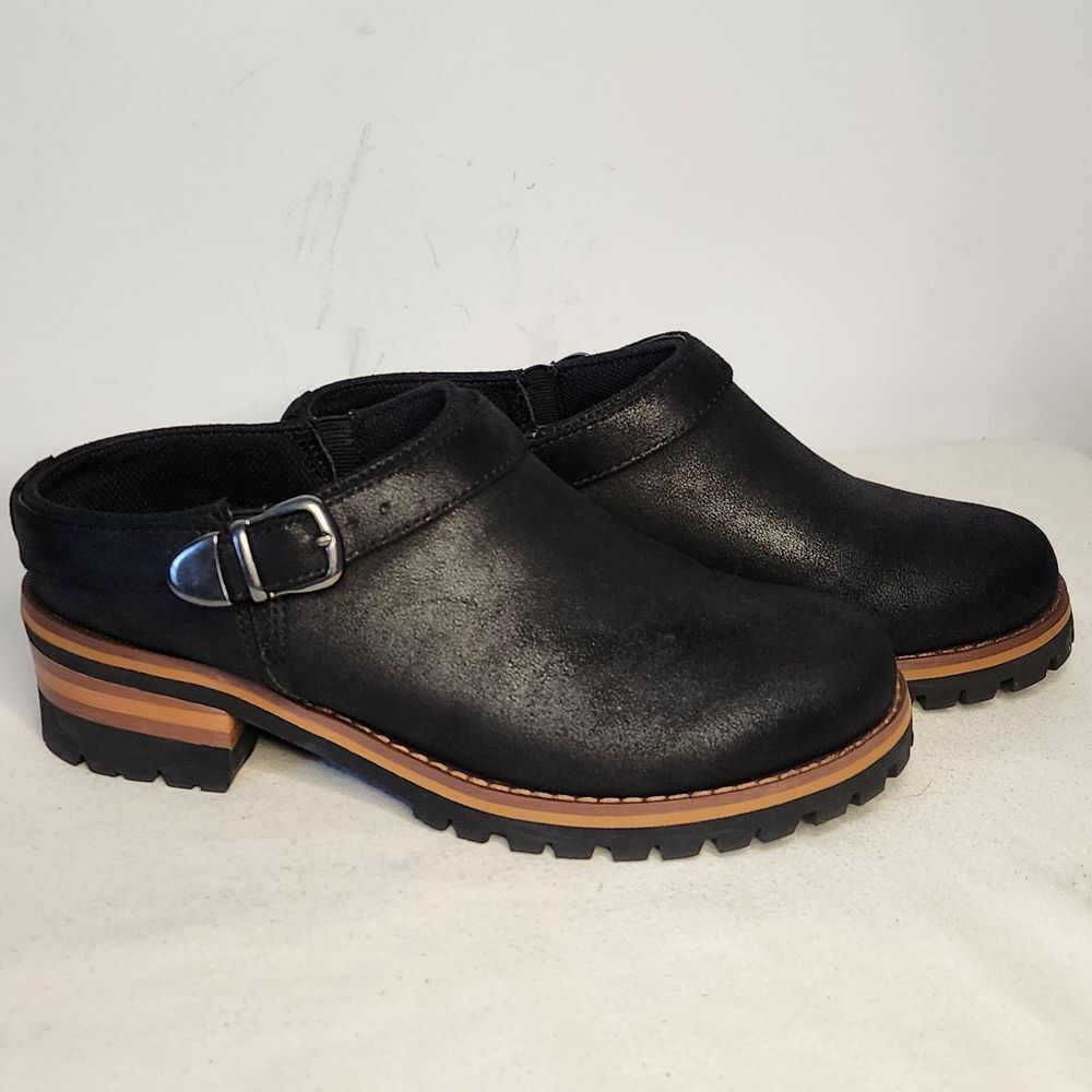 Skechers Black Leather Clogs with Plaid Lining Chunky Platform Size 7.5