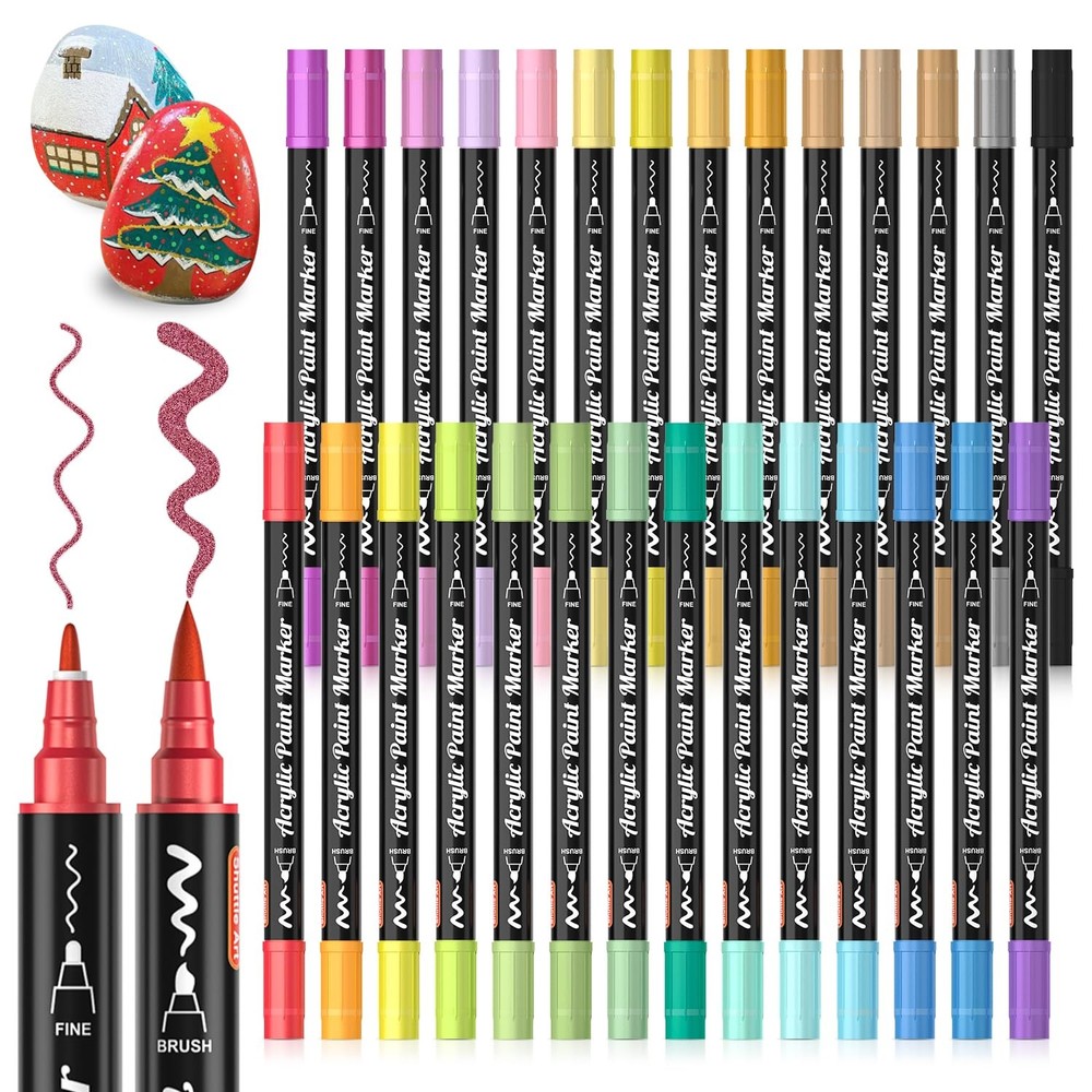 28 Dual-Tip Metallic Acrylic Paint Markers - Brush & Fine Tips for Art & Craft
