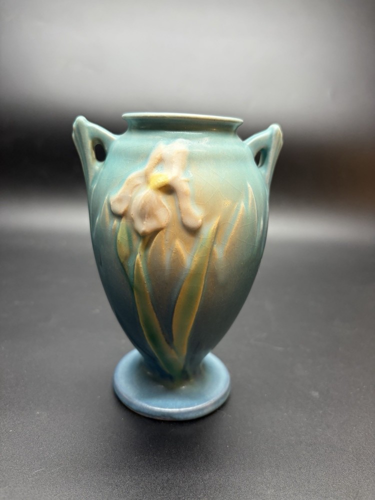 Roseville Vintage Art Deco Blue Iris Ceramic Bud Vase Shape 915-5