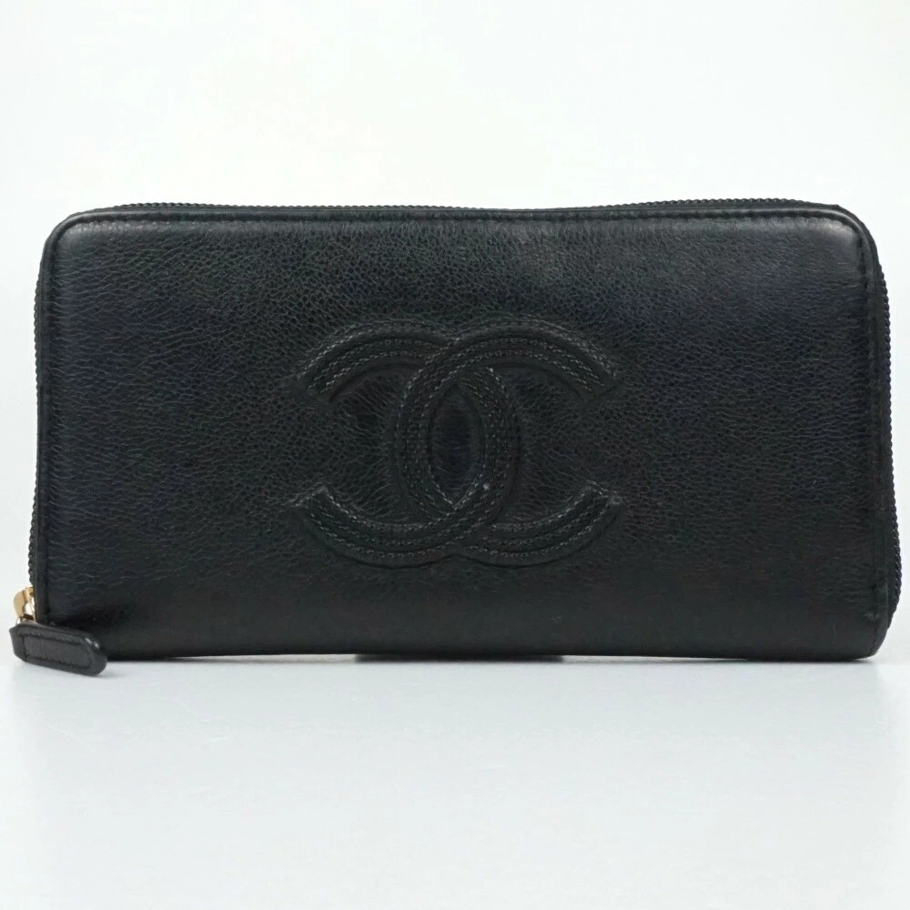 CHANEL Coco Mark A70266 Black Leather Zip Wallet With Original Box