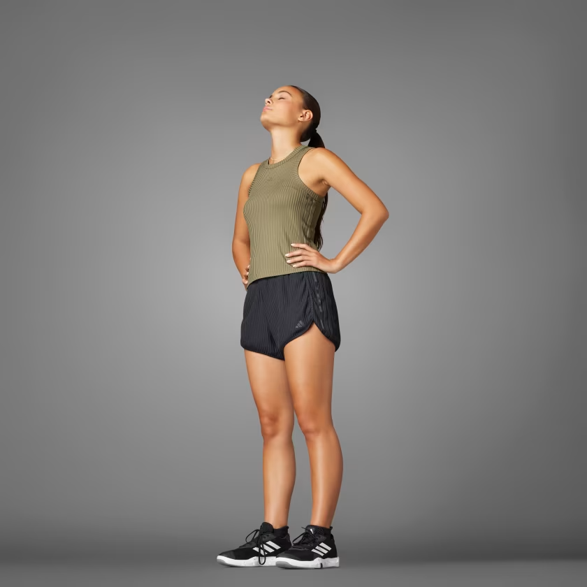 $40 adidas Pacer All Gym Seasonal Rib High-Rise Tonal 3-Stripes Shorts | Blk | S