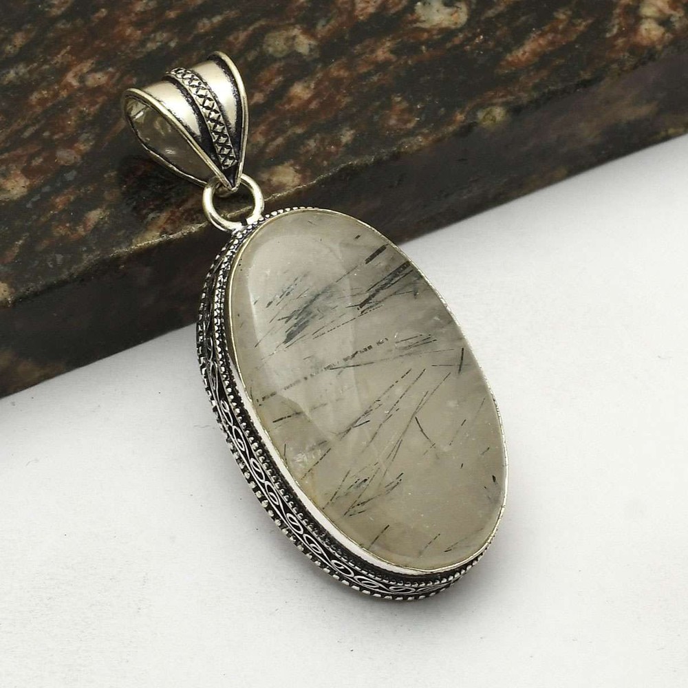 Black Rutile Gemstone Ethnic Antique Design Pendant Jewelry Gift 2.64