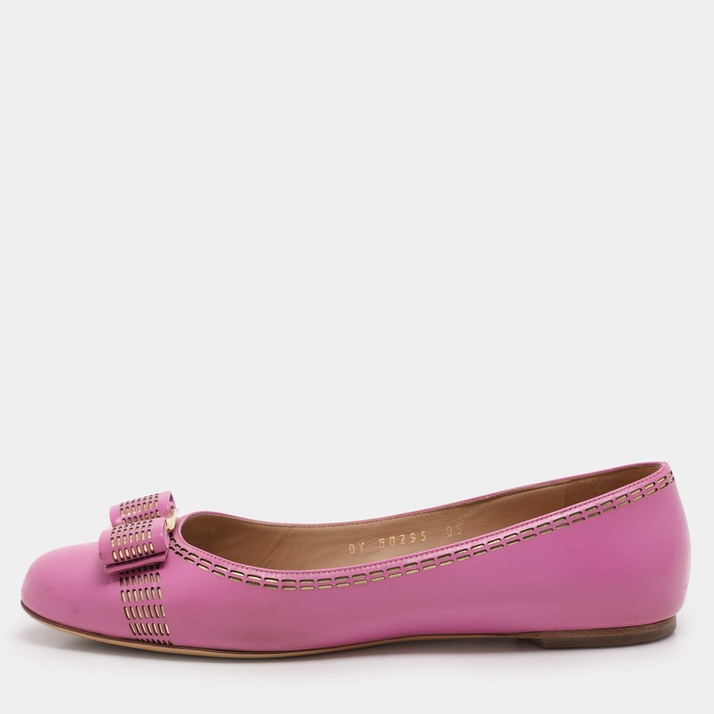 Salvatore Ferragamo Pink Leather Vara Bow Ballet Flats Size 37.5