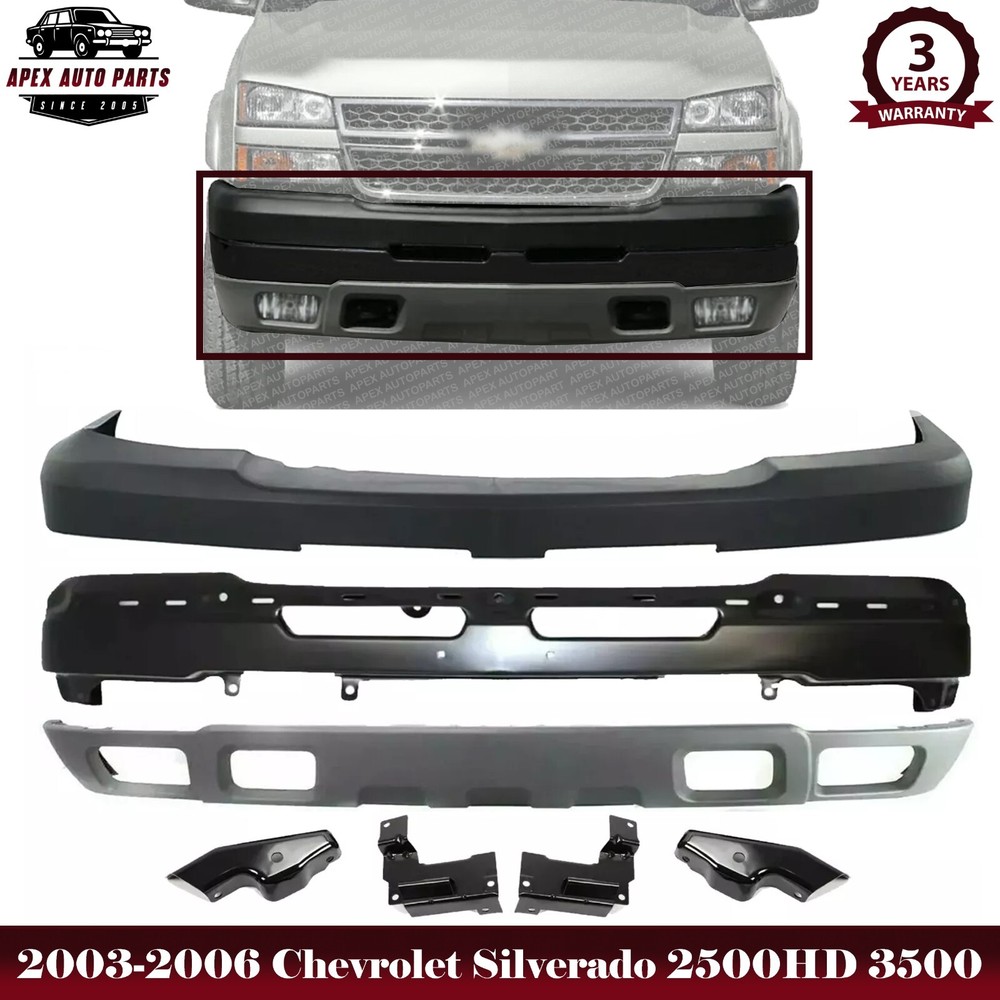 Front Bumper Primed + Cover + Valance + Brackets For 03-06 Silverado 2500HD 3500