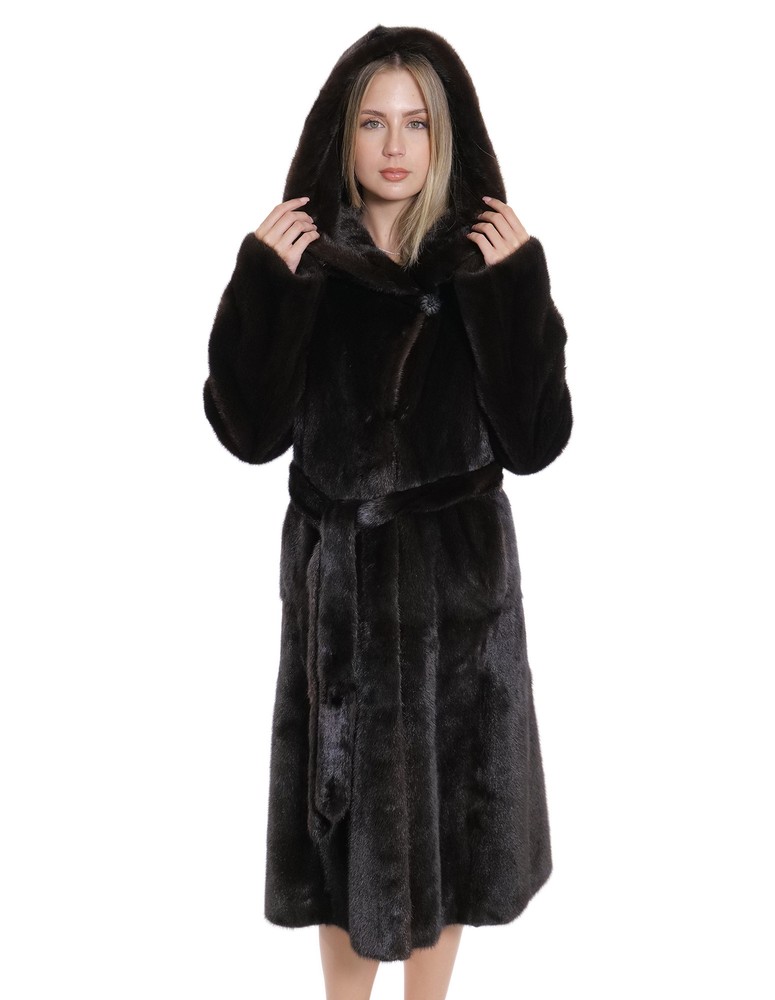 Full Leather Jacket with Mink Hood 112cm Button Collar Long Sleeve Coat Size 40-image