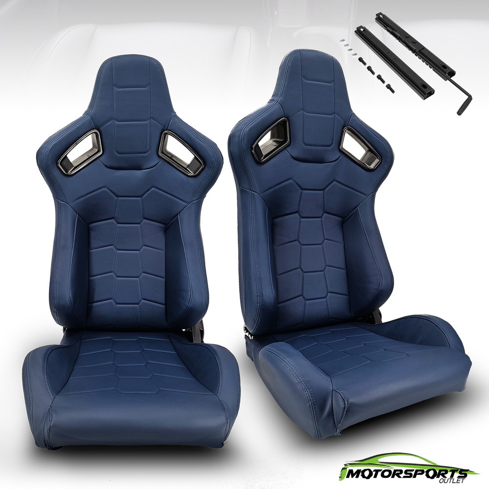 JDM Reclinable Premium PVC Main Blue Racing Seats Slider Car Seats Pair