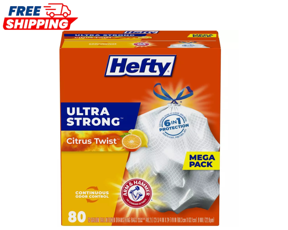 Hefty Ultra Strong Tall Kitchen Trash Bags, 13 Gallon Citrus Twist Scent, 80 CT