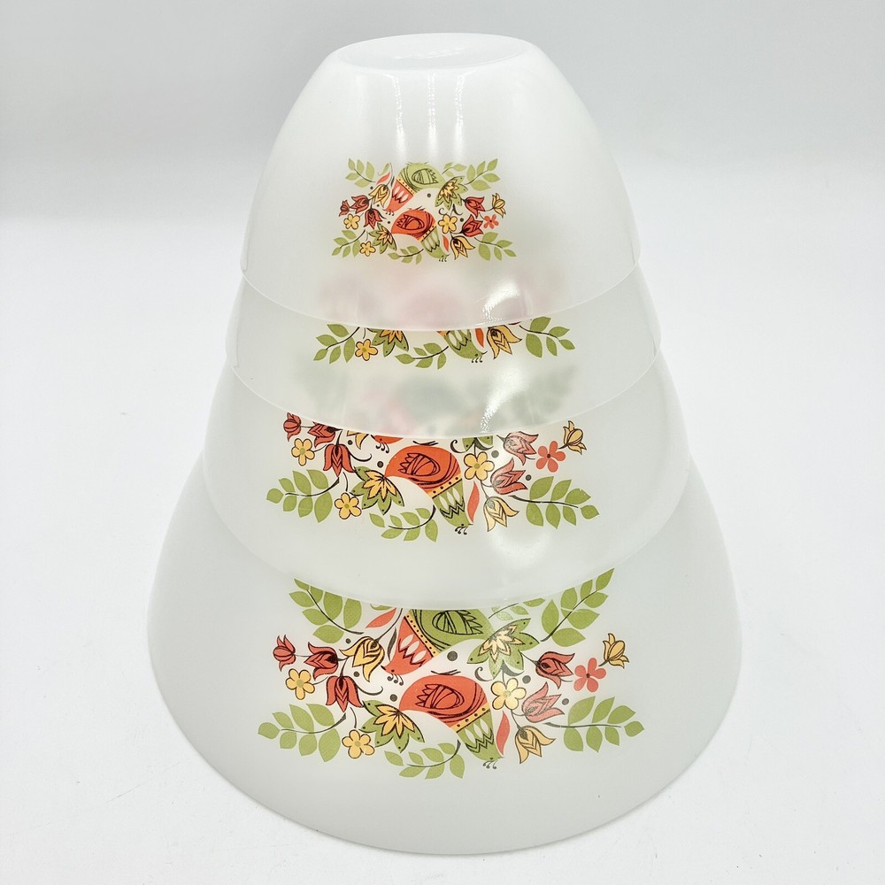 Vtg Arcopal France Milk Glass 4 Piece Nesting Bowl Set Partridge Bird Pattern