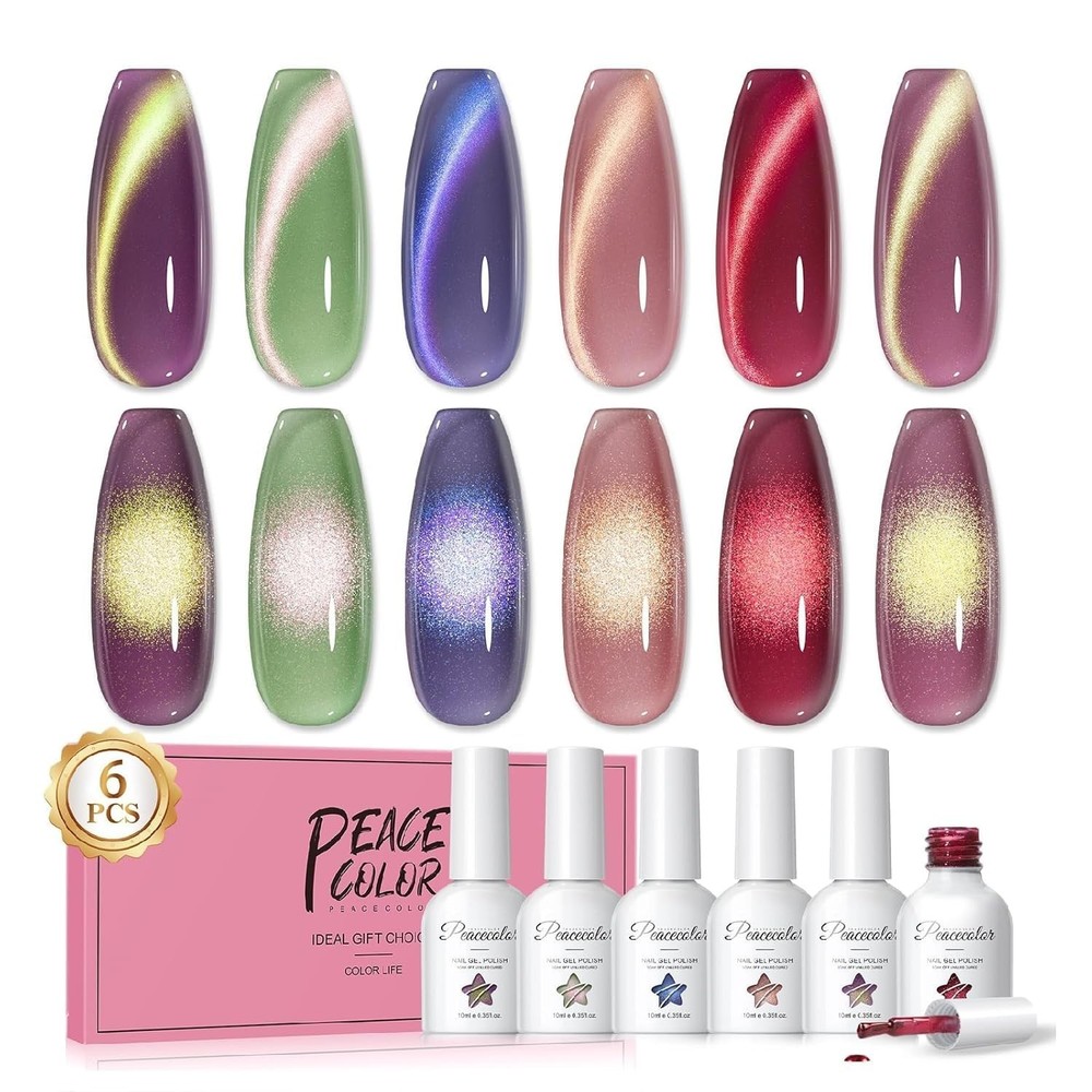 Cat Eye Gel Nail Polish Set, 6 Colors Glitter Red Green Purple Nude Sparkle Gel