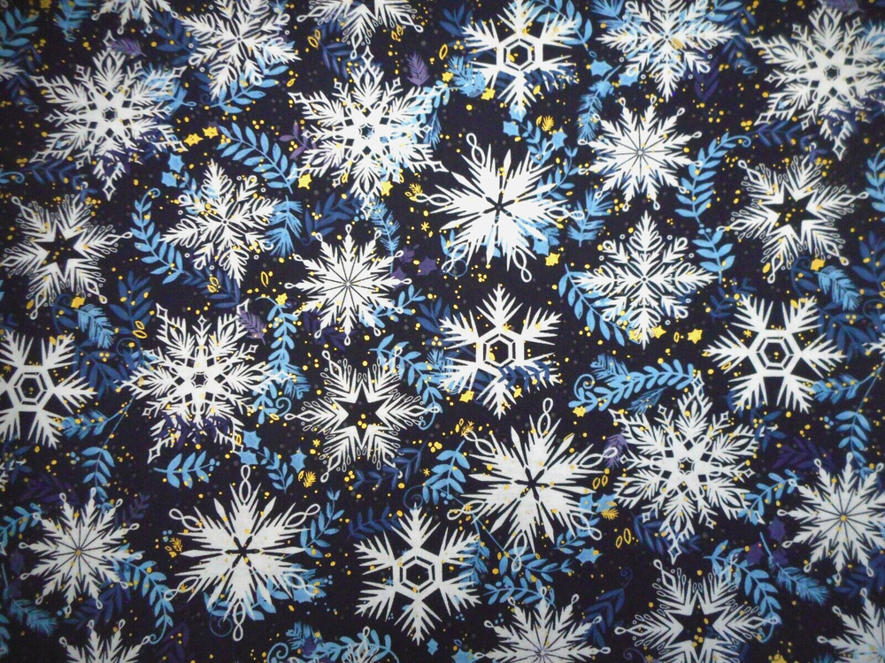 Christmas Fabric By Yard White Snowflakes Metallic Navy Blue Premium Cotton #54