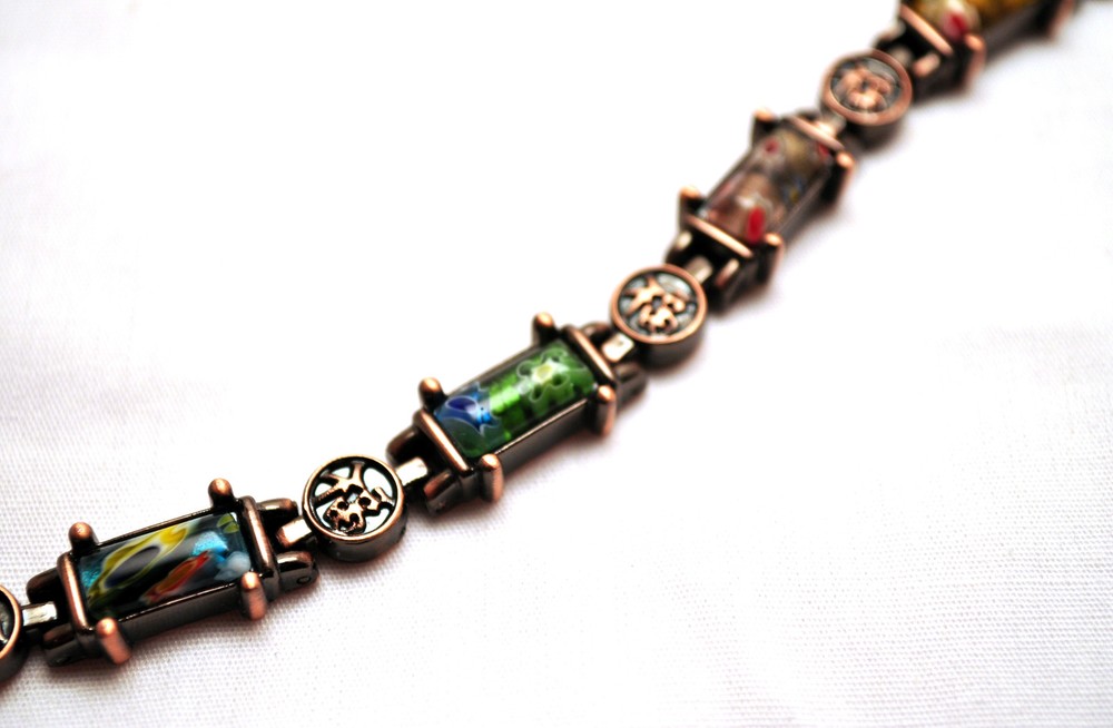 LADIES 7.5 IN COPPER & COLORFUL CLOISSONE BEADS MAGNETIC THERAPY LINK BRACELET