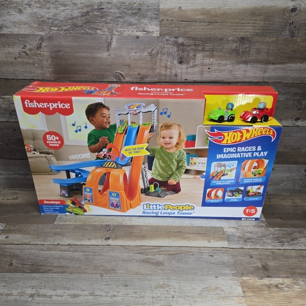 Little People HOT WHEELS Racing Loops Tower Toddler Vehicle Trackset with Sounds