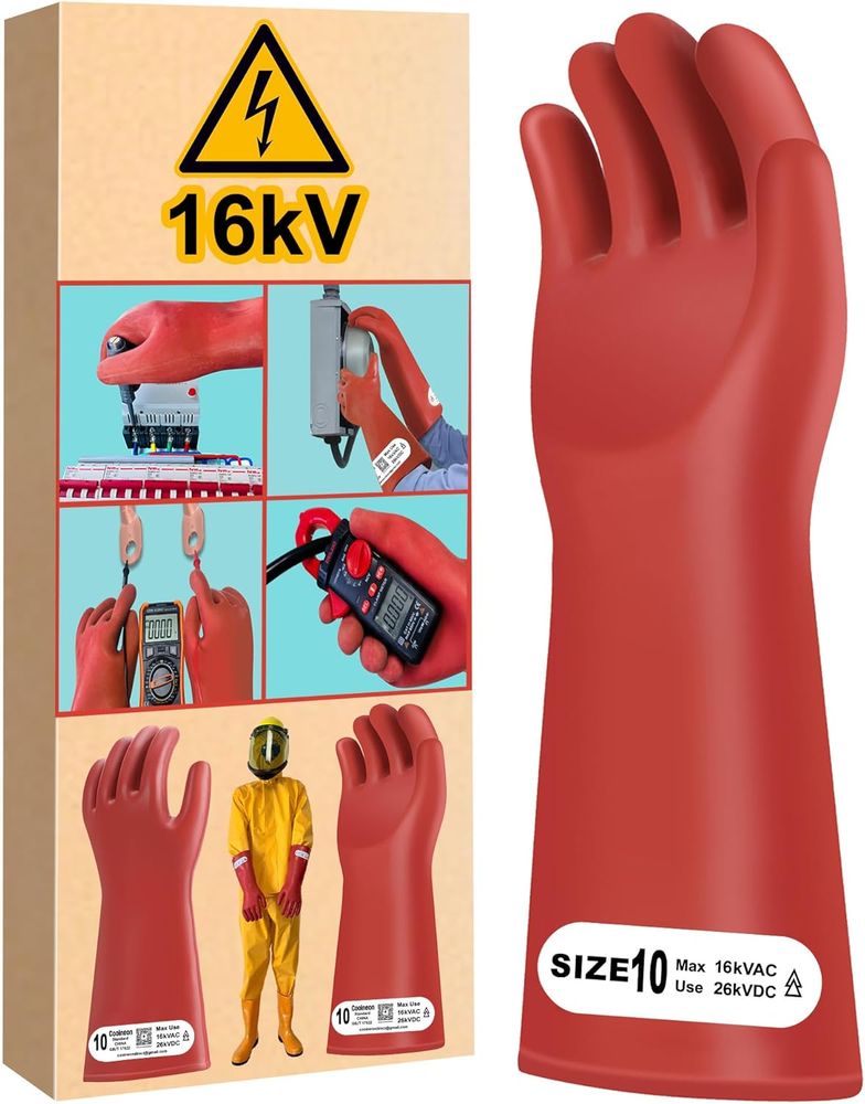 16kV Rubber Electrical Gloves Size 10 Heavy Duty High Voltage Protection