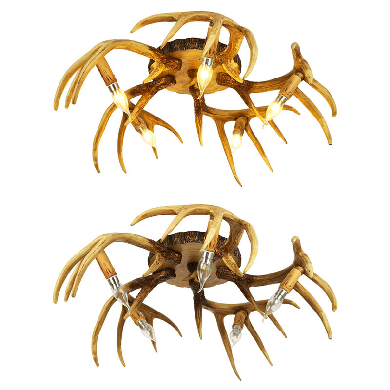 Vintage Resin Antler Pendant Light Semi Flush Mount Art Decor Ceiling Fixture