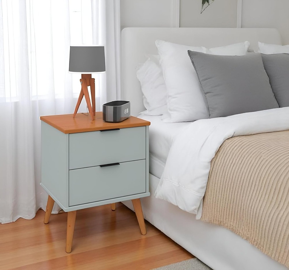 Modern 2-Drawer Solid Wood Nightstand in Gray or Caramel