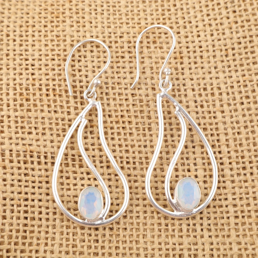 Womens day Deal Milky Opal Gemstone Sterling Silver Dangle October Boho Earrings
