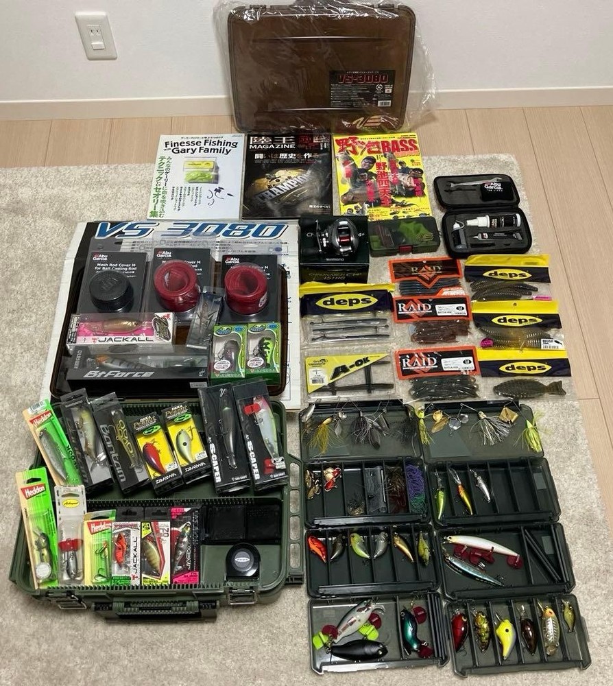 Bass Fishing Tackle Set with Hard/Soft Lures & Reel, Used & New Parts