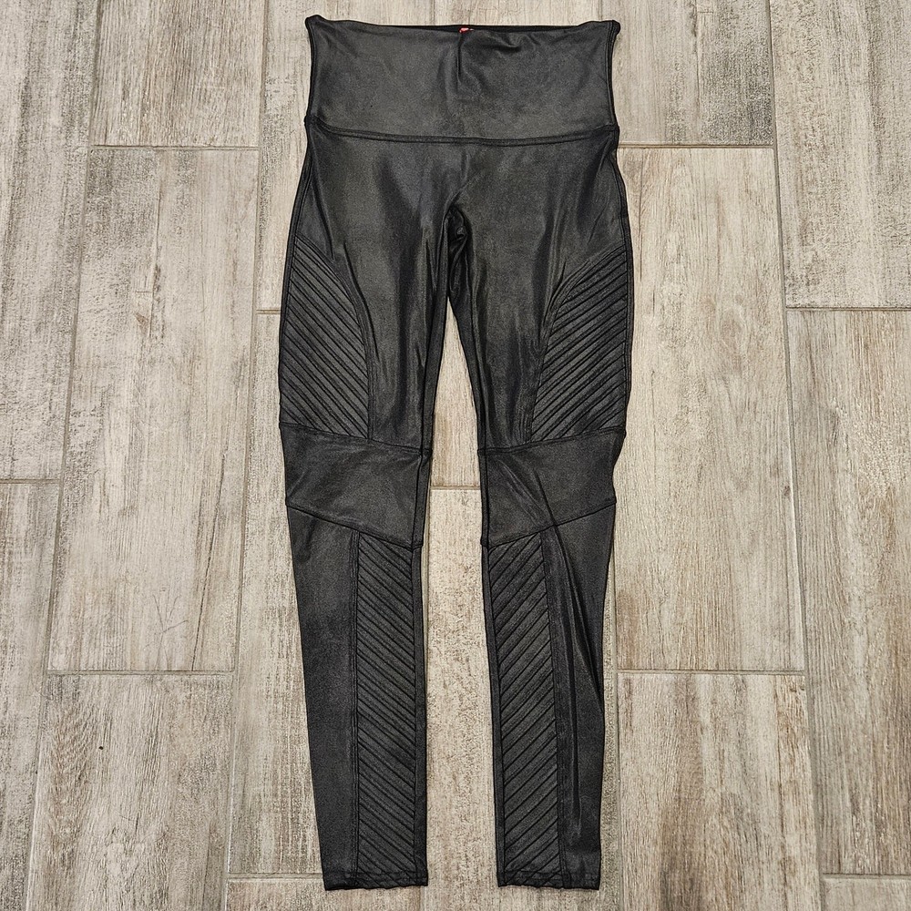 Spanx Faux Leather Moto Leggings High Rise Stretch Black Size L Biker Streetwear