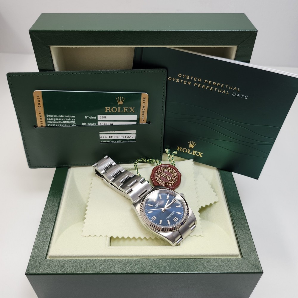 2008 Rolex Oyster Perpetual 36mm Blue Dial Steel Watch 116034 Full Set