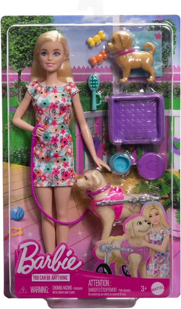 Barbie Doll With A Toy Pup And Dog in A Wheelchair, Plus Pet Accessories