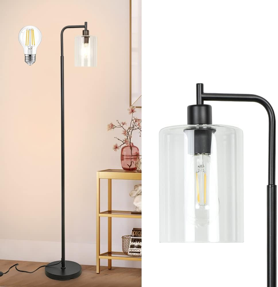 Black Floor Lamp, Industrial LED Floor Lamps with Hanging Glass Shade, Farmhouse