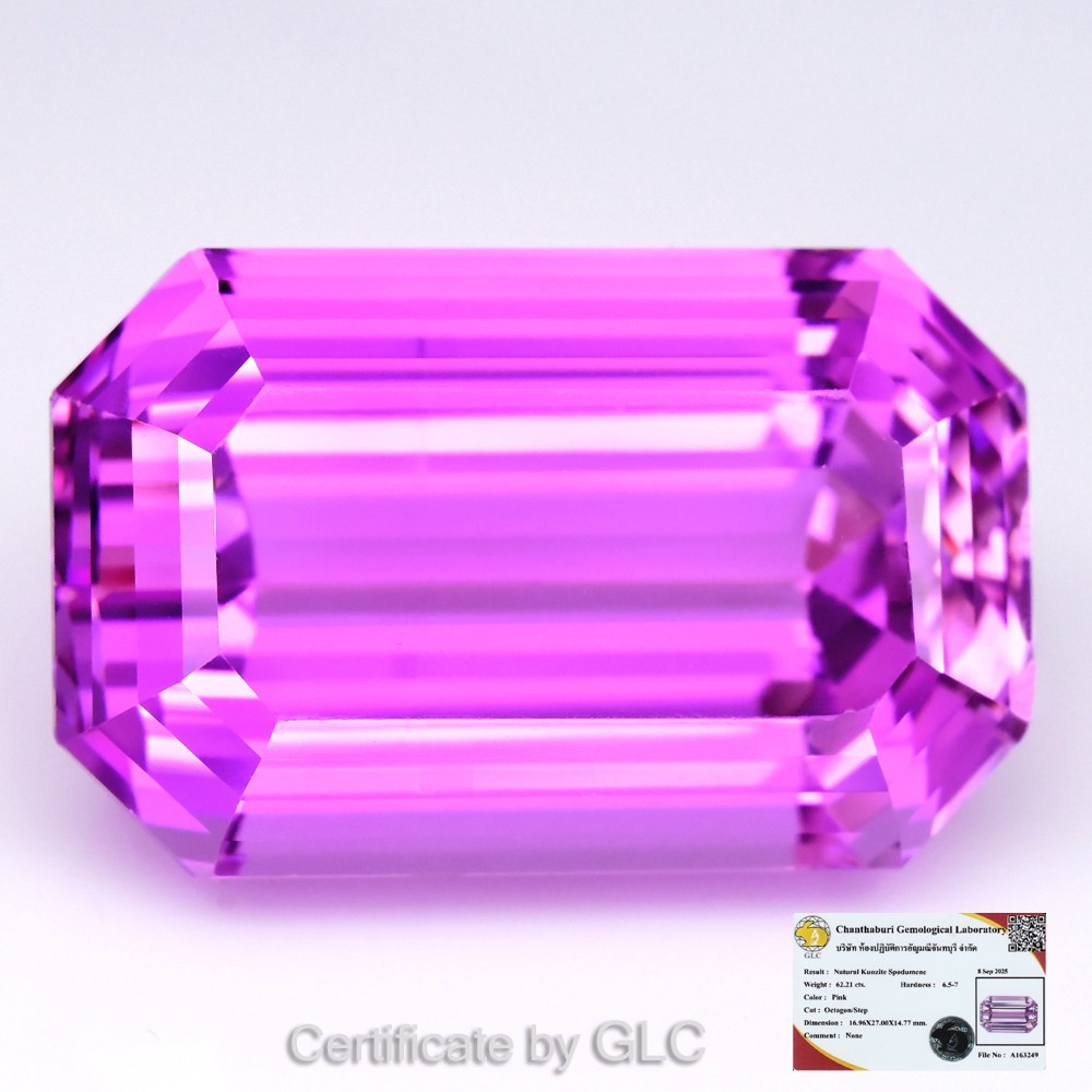 💎 GLC CERTIFIED Exquisite 62.21ct IF Octagon Natural Neon Electric Pink Kunzite