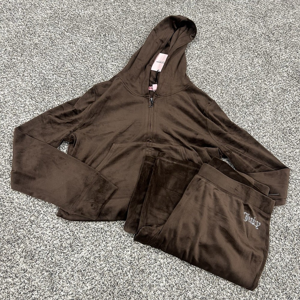 NWT JUICY COUTURE Size XL Velour  Bling Tracksuit Hoodie Pants Set Brown Sugar