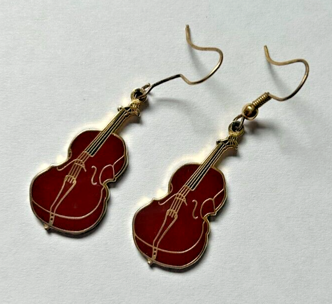 Stylish Red-Brown Gold Metal Cello Musical Instrument Dangle Earrings