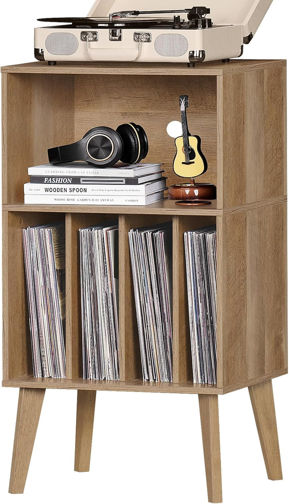 Mid-century oak record player stand with storage for 160 vinyl albums