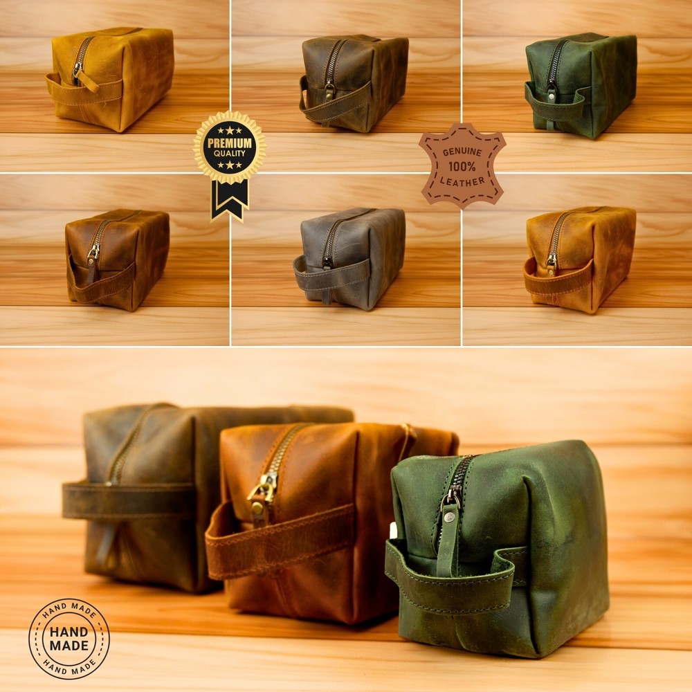 Genuine Leather Dopp Kit, Personal Care Bag, Makeup Bag, Carry Handle Toiletry