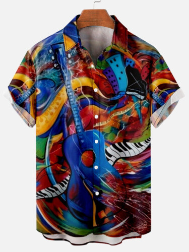 Mens Music Color Block Casual Tribal Short Sleeve 3D Hawaii Shirt Best Price