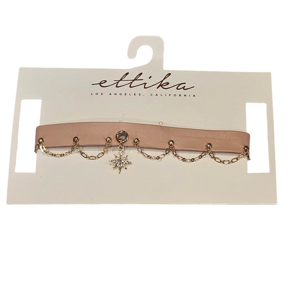 Ettika Sleeping Beauty Pink Leather Choker Necklace Star Charm Celestial Boho