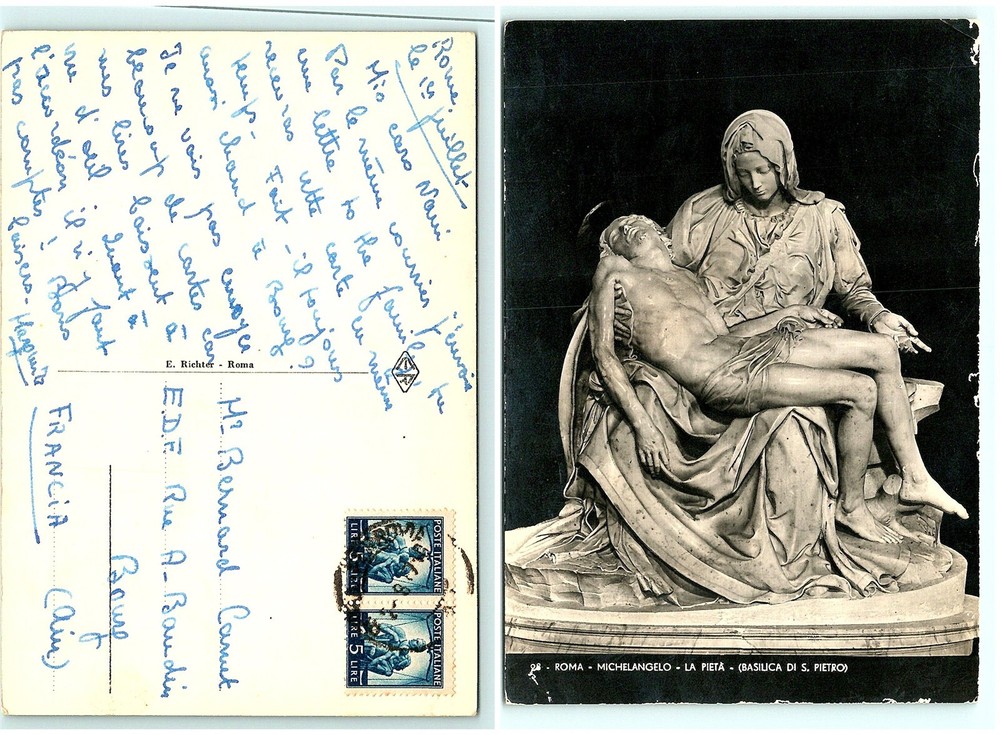 Vintage 1950s Michelangelo La Pieta postcard from Italy to France S04-1042 Roma