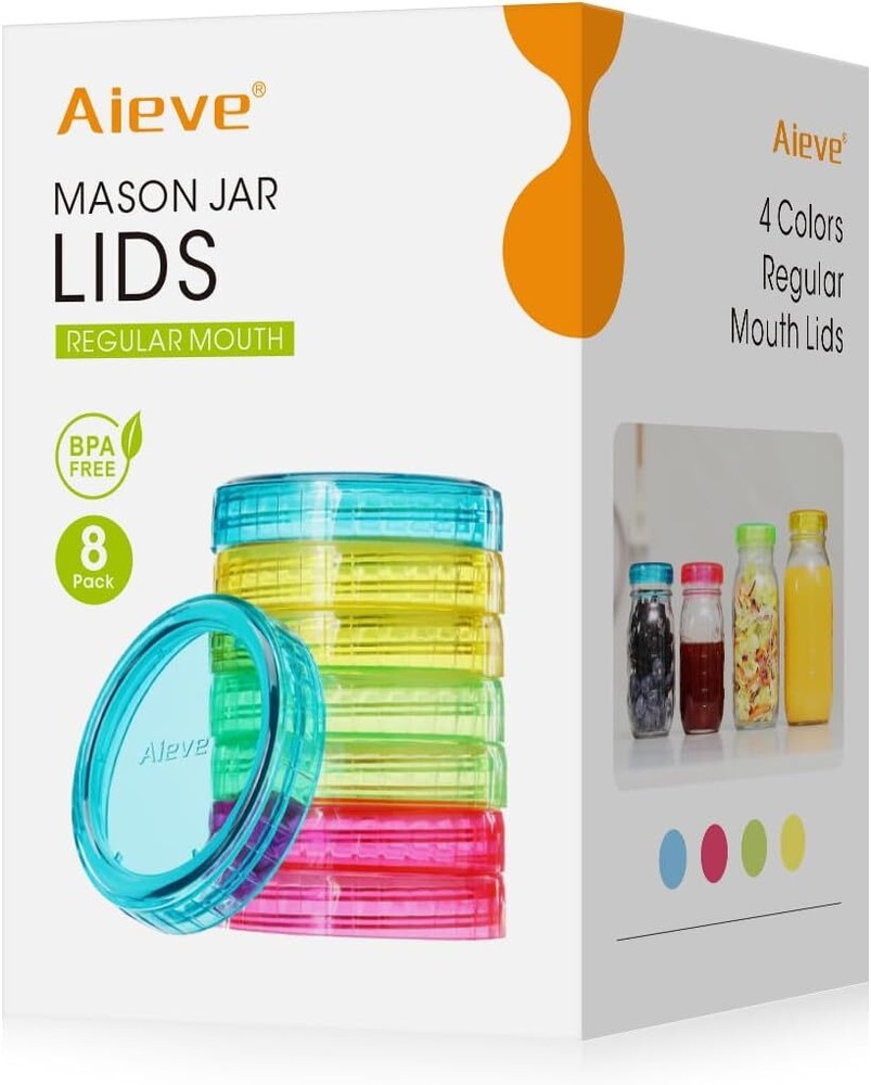 Aieve Mason Jar Lids Regular Mouth, 8 Pack Clear Green, Blue, Yellow, Pink