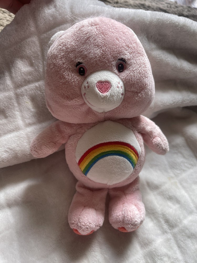 Care Bears Baby Pink Rainbow Cheer Bear 2003 Heart 9” With Rattle