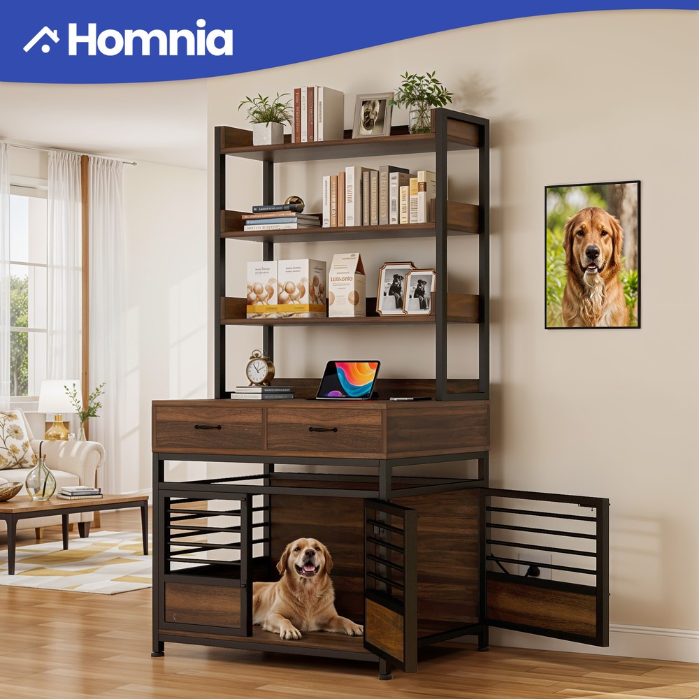 Dog Crate / Bookcase Shelves Wooden Storage Cabinet Puppy Kennel with Drawers