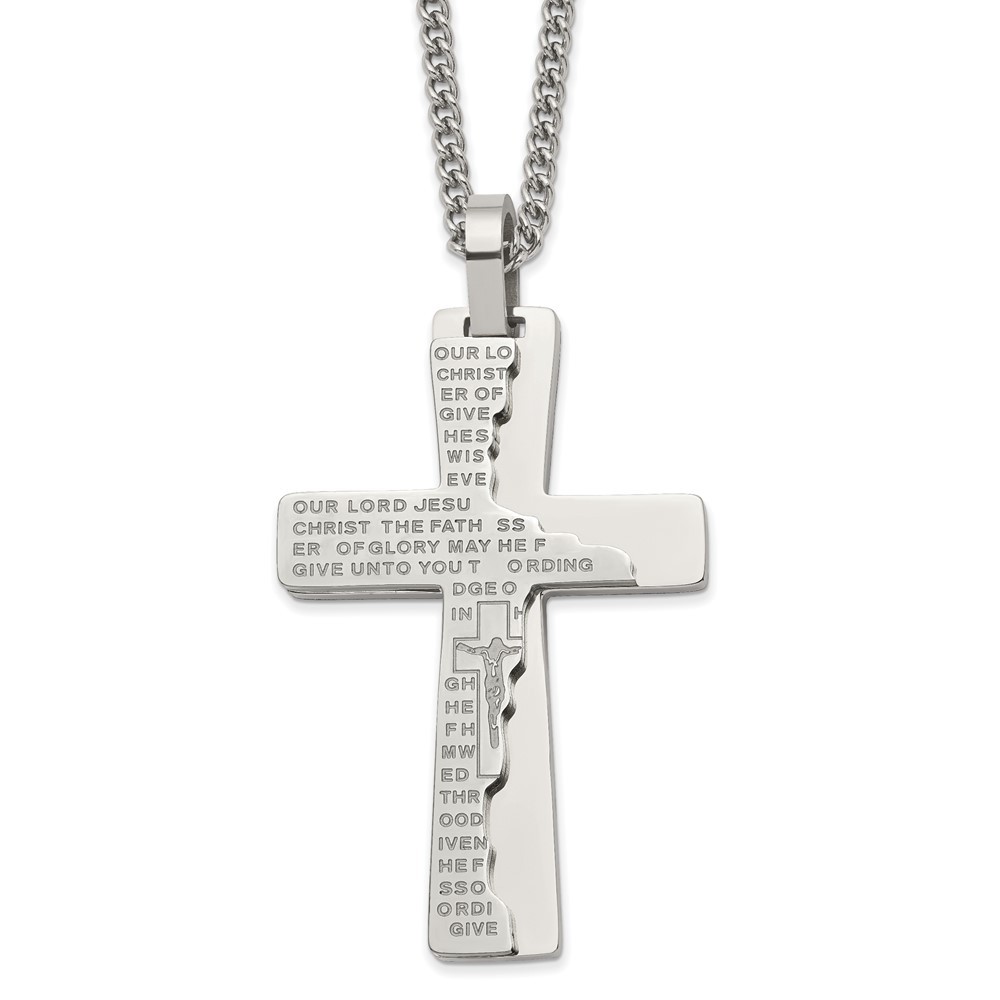 Stainless Steel Broken Prayer Cross Pendant with Curb Chain Necklace 24 Inch