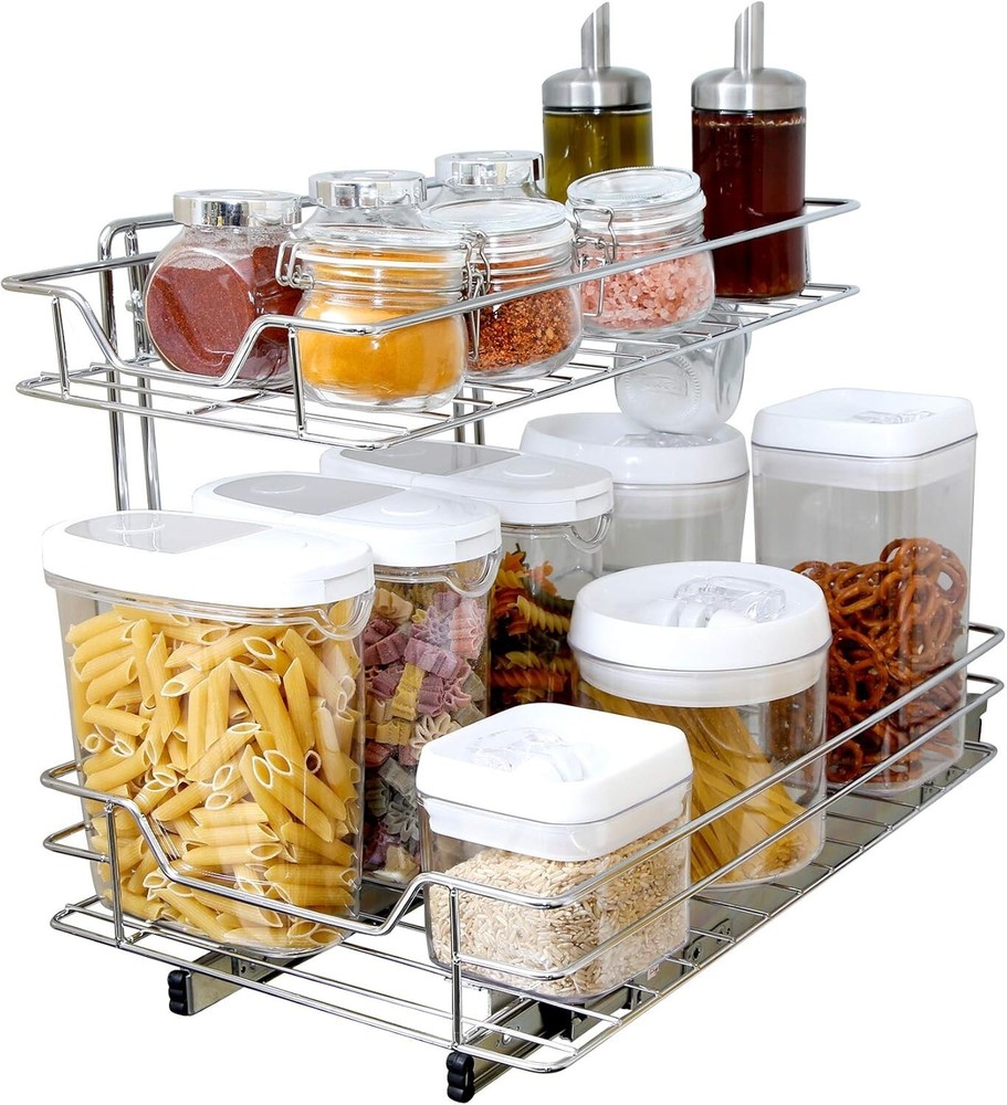 Pull-Out Cabinet Organizer – 2-Tier Chrome, Small Top, Medium Bottom – Steel Sli
