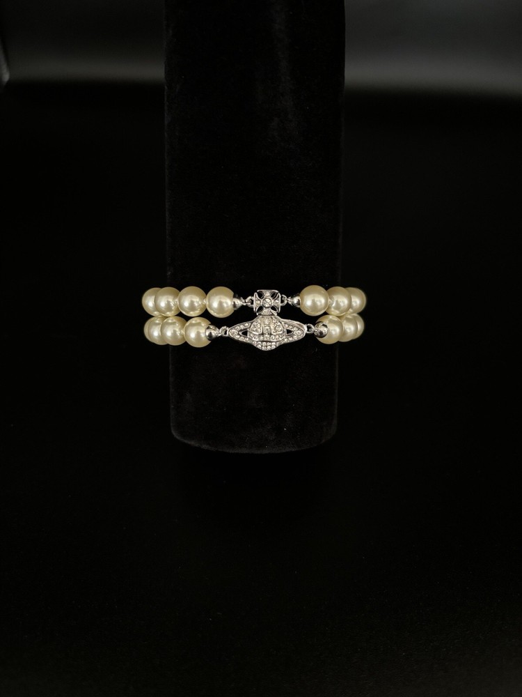 Vivienne Westwood Nana GRAZIELLA Two Row Pearl Pave Orb Bracelet SilverTone #372