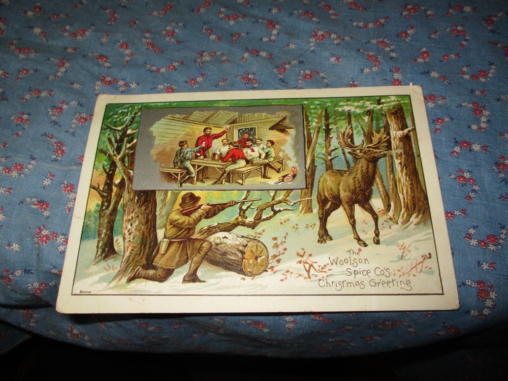Trade Card  Woolson Spice Co Christmas Greetings Lion Coffee Note Creasing