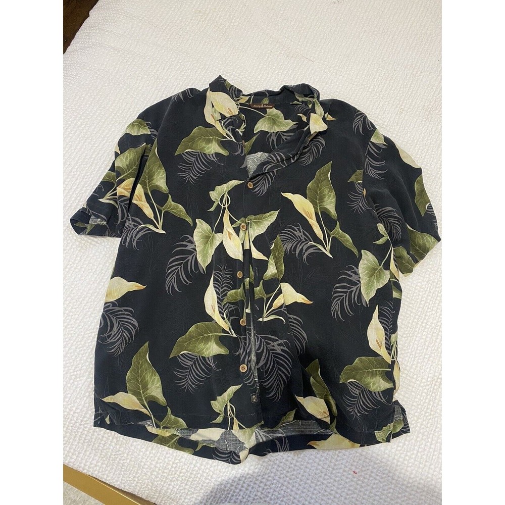 TOMMY BAHAMA Mens Size Xl Black And Tan Silk Linen Blend Hawaiian Shirt Tropical