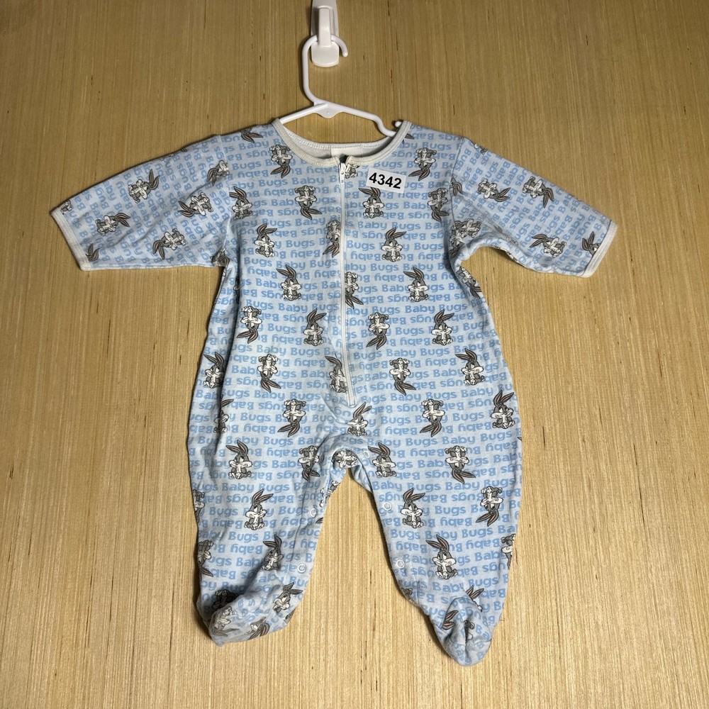 Vintage 90s Baby Looney Tunes Romper Kids 3-6 Months Blue Long Sleeve Footed